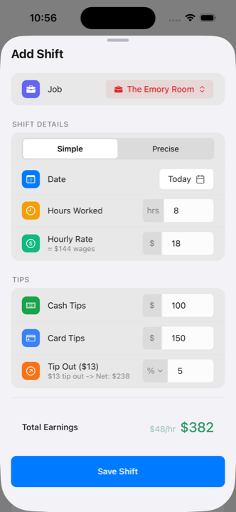 Shiftips — Add Shift screen showing tips, wages, hours, and tip-out fields